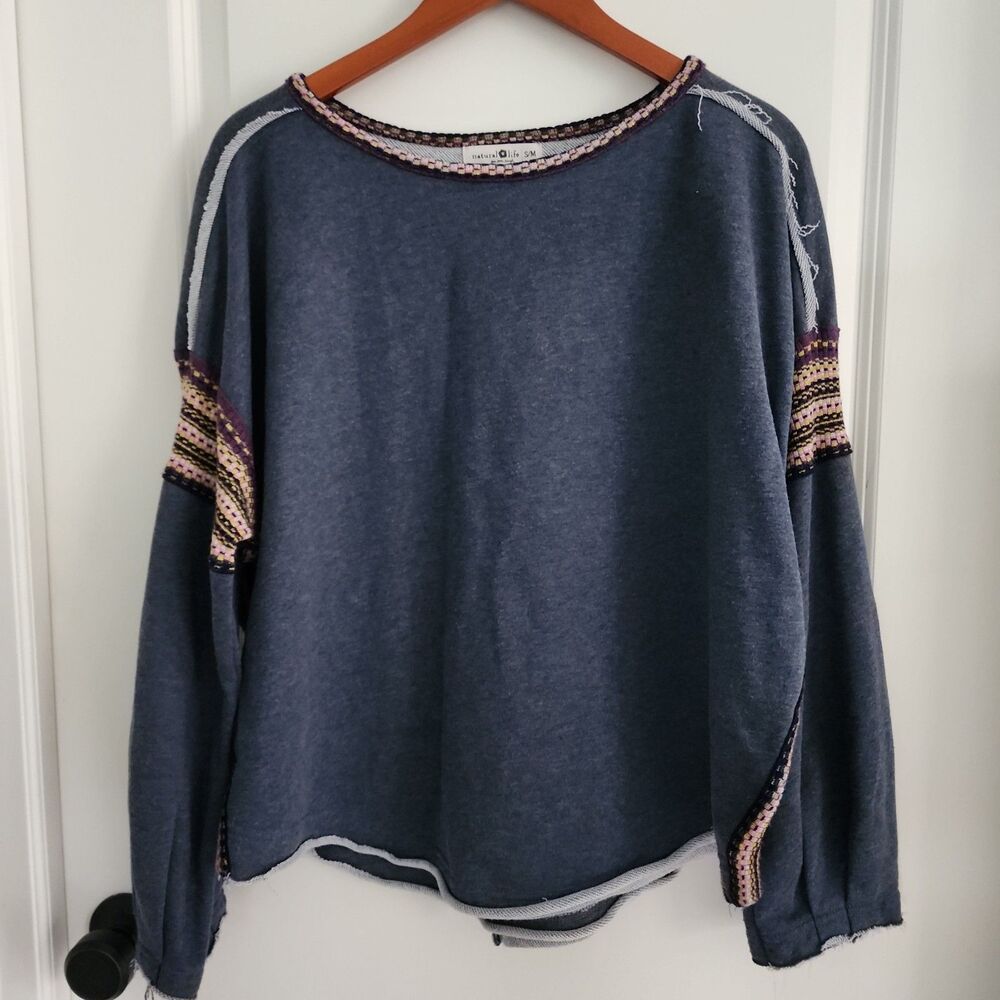 Natural Life Knit Trim Sweatshirt Womens S/M Gray Oversized Boho Boxy Raw Hem